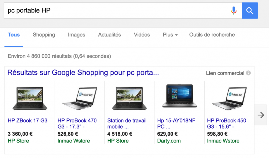 Exemple de campagne Google Shopping