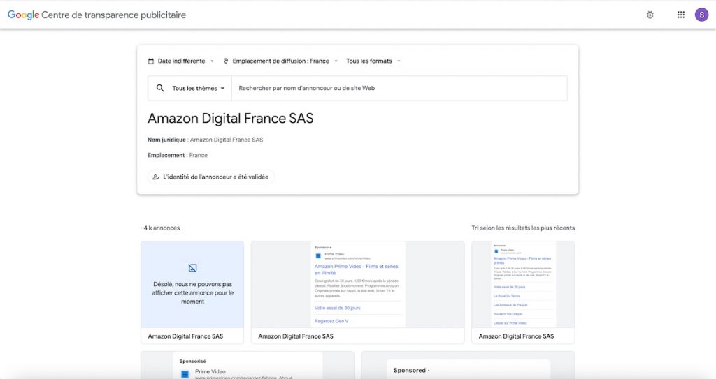 Google Ads Transparency : exemple avec Amazon