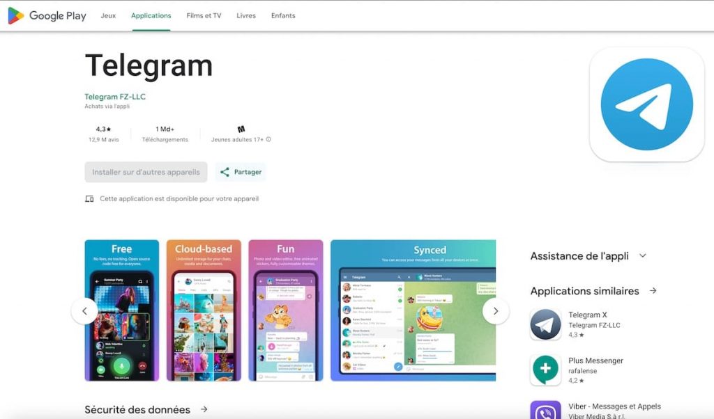 Telegram sur le Google Play Store d'Android