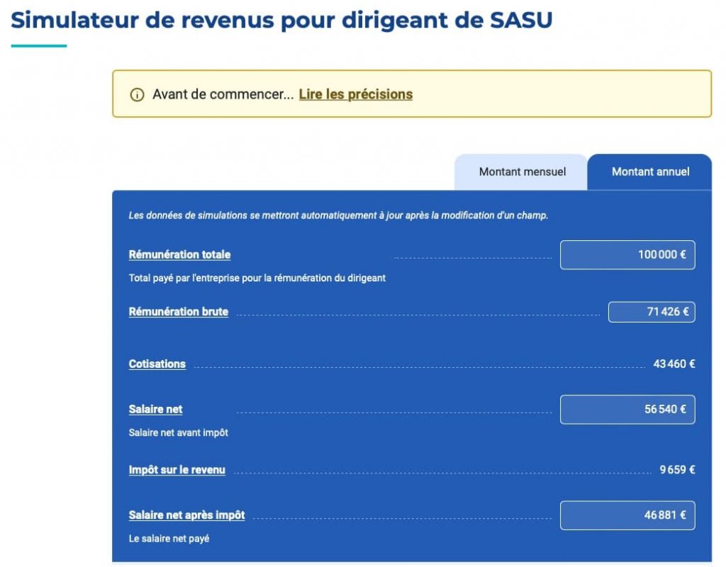 Simulation pour 100 000 euros pour un dirigeant de SASU