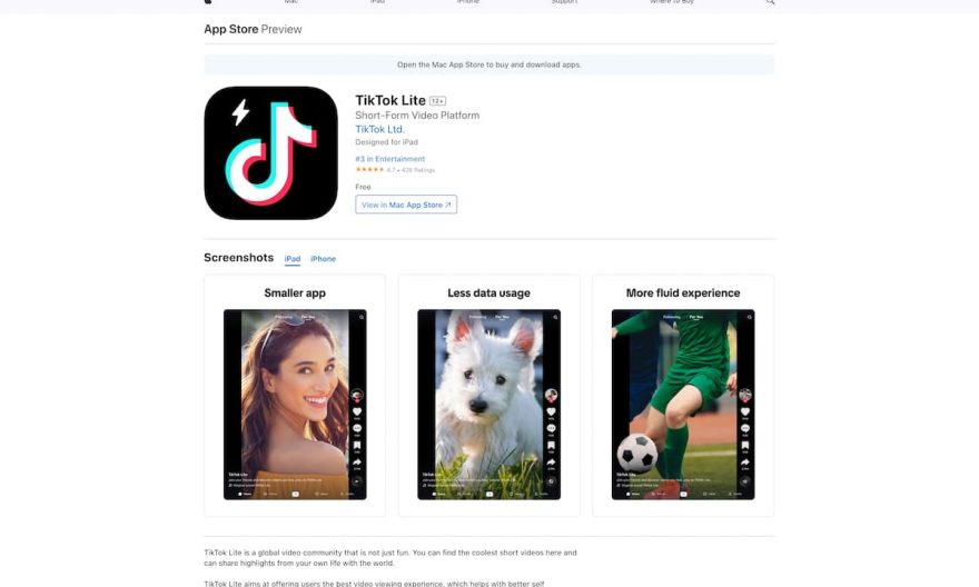 TikTok Lite sur l'App Store d'Apple