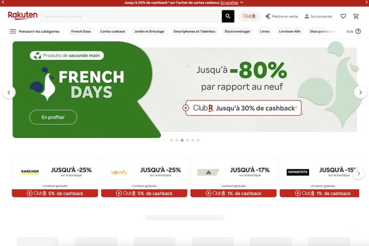Page d'accueil de Rakuten France avec l'opération French Days