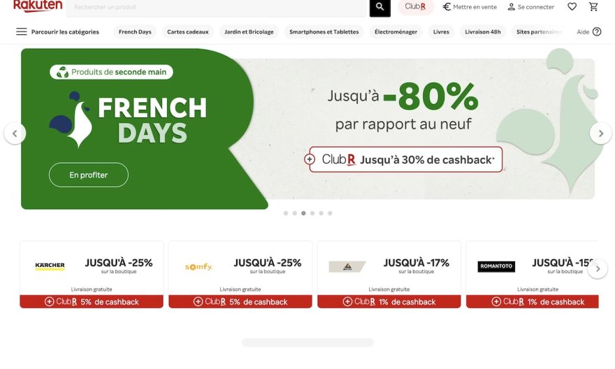Page d'accueil de Rakuten France avec l'opération French Days
