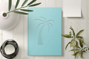 goodies, carnet de note bleu, post-it et plante sur un bureau