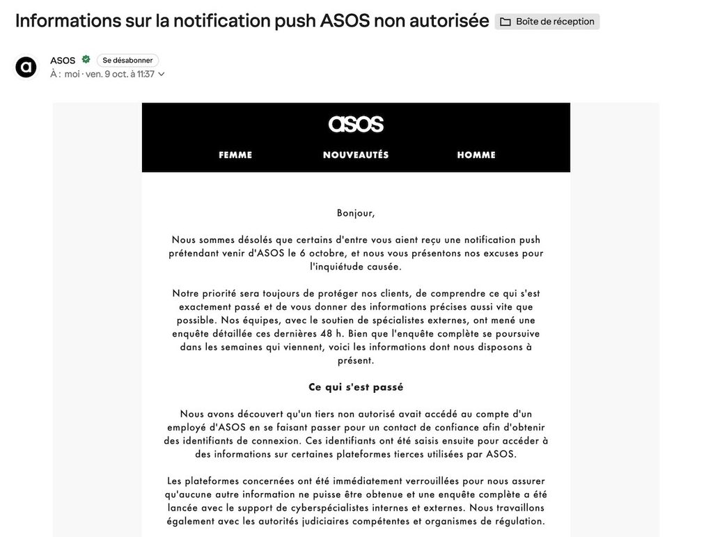 Communication officielle d'ASOS le 09 octobre 2026 suite au message "push" envoyé par un pirate le 06 octobre 2026 dernier